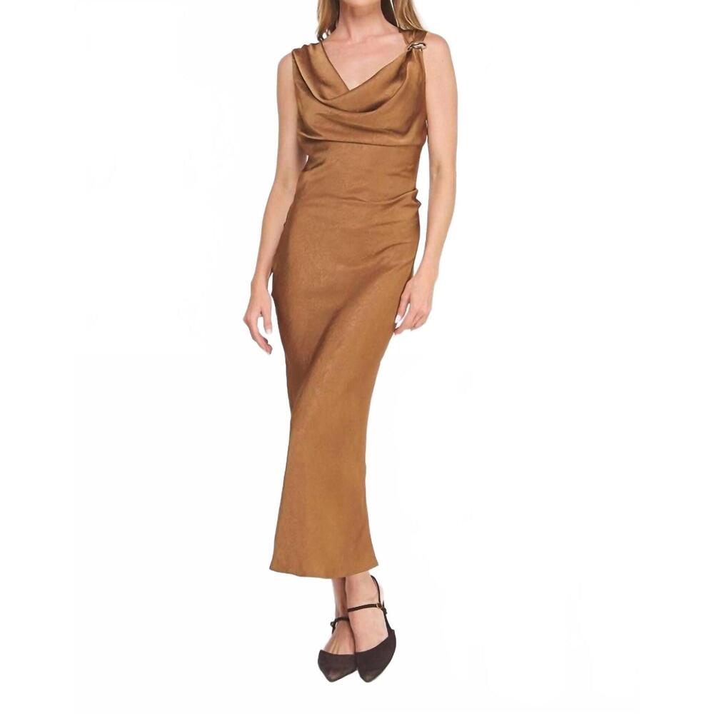 NEW ALLIE ROSE draped midi dress with brooch detail in caramel